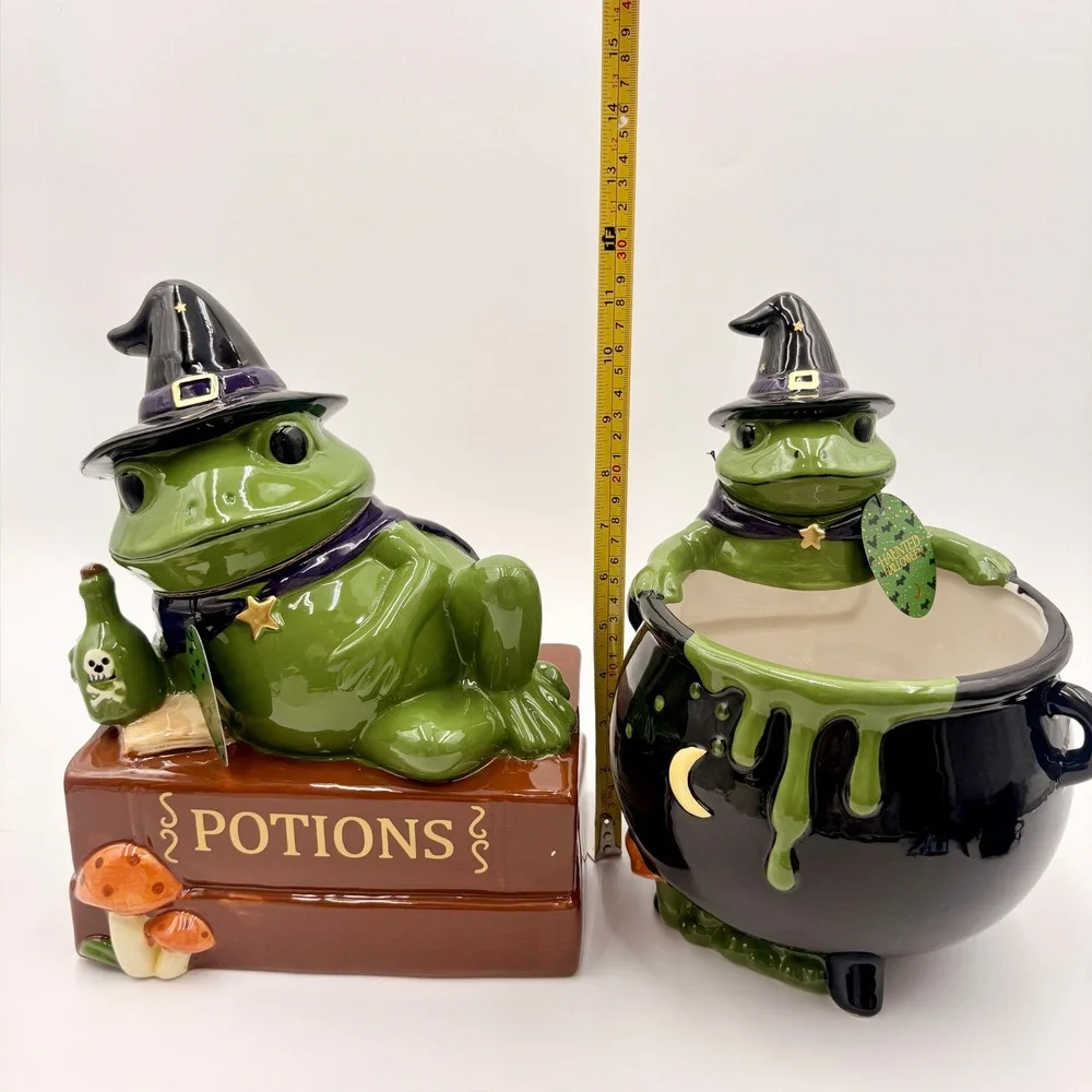 Haunted Halloween Ceramic Witch Frog Cookie Jar and Cauldron Candy Dish Set NEW